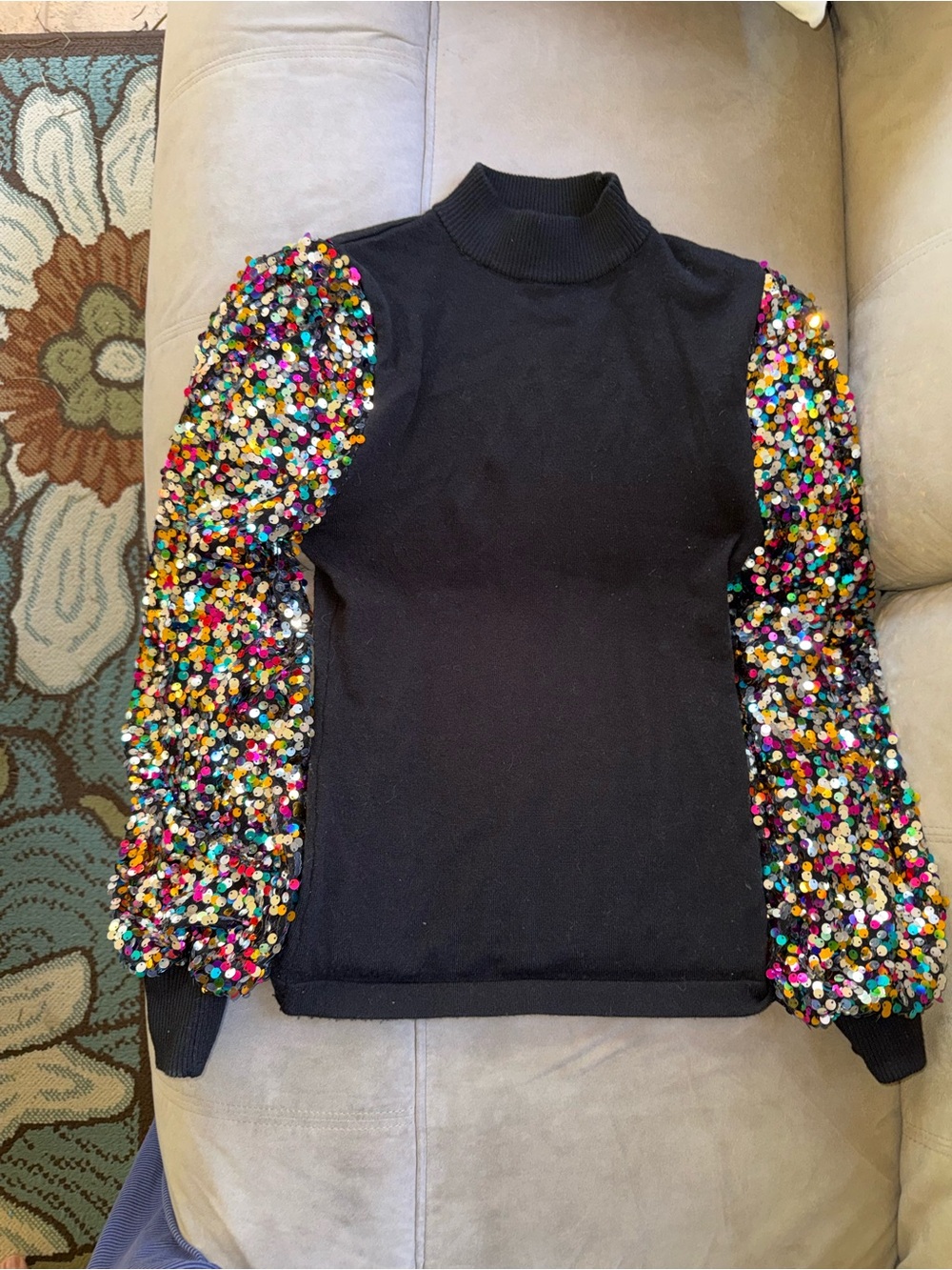 Black Sweater with Multicolor Sequin Sleeves